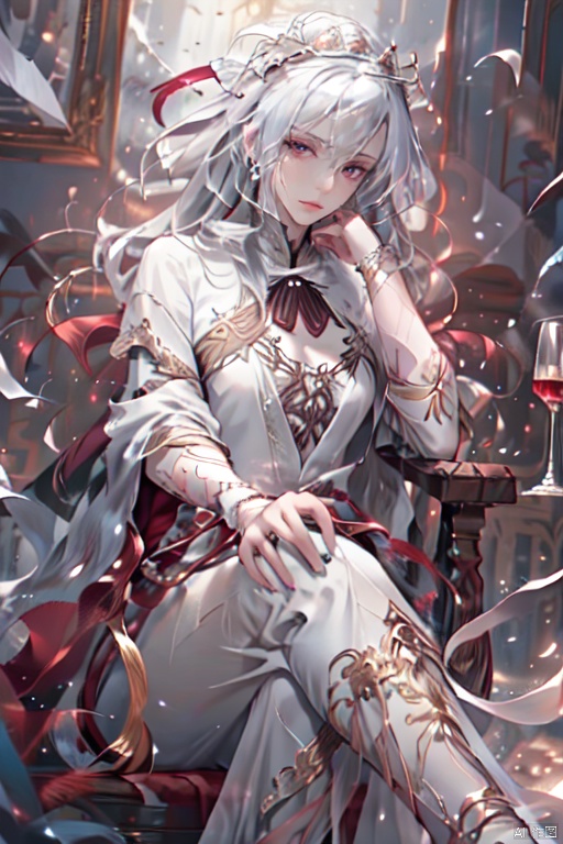 1 female ,Queen, hand extended, gesture stopped, quiet moment, sitting posture, Great Zhou Dynasty, decisive words, indoors, palace, gorgeous scene, intense emotion, realistic style, beautiful hands, perfect hands, 8k, Best quality, illustrations., FF, white hair, Tang suit