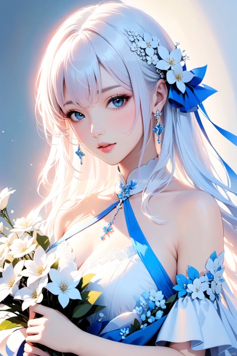  flowers shadow,

1girl, solo, long hair, breasts, looking at viewer, bangs, blue eyes, hair ornament, dress, holding, jewelry, closed mouth, upper body, flower, white hair, multicolored hair, earrings, hair flower, white dress, lips, grey eyes, white flower, bouquet, red lips