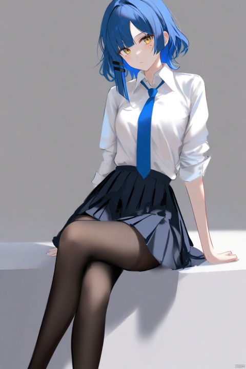 Best-A,masterpiece,best quality,high quality,best shadow,(colorful),[ru_zhai],[Artist miwano rag],[Artist chen bin],[Artist wlop],[Artist myush],1girl,yamada ryo,solo,blue hair,pantyhose,skirt,shirt,yellow eyes,instrument,necktie,mole under eye,white shirt,hair ornament,mole,pleated skirt,crossed legs,collared shirt,sitting,school uniform,black background,hairclip,looking at viewer,short hair,shirt tucked in,blue necktie,simple background,closed mouth,blue skirt,black pantyhose,expressionless,sleeves rolled up,shimokitazawa high school uniform,feet out of frame,long sleeves,brown pantyhose,invisible chair,black skirt,sidelocks,miniskirt,asymmetrical sidelocks,parted bangs,arm support,medium hair,