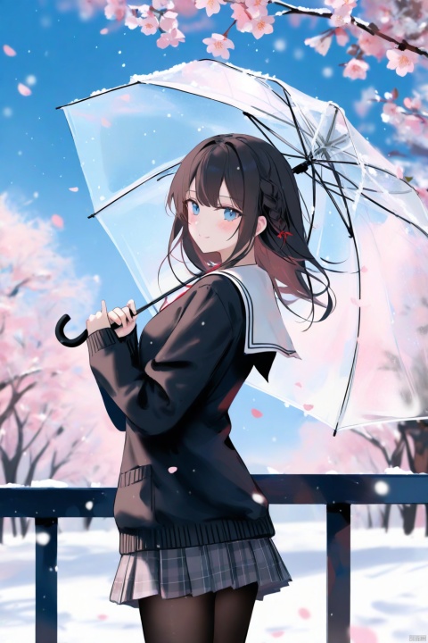Best-A,masterpiece,best quality,high quality,best shadow,(colorful),[ru_zhai],[Artist miwano rag],[Artist chen bin],[Artist wlop],[Artist myush],1girl,solo,[transparent umbrella],skirt,umbrella,outdoors,looking at viewer,school uniform,plaid skirt,blue eyes,smile,pantyhose,closed mouth,brown hair,long sleeves,plaid,holding umbrella,holding,blush,sailor collar,black pantyhose,pleated skirt,long hair,branch,railing,cover,sleeves past wrists,tree,snow,braid,cover page,snowing,serafuku,white sailor collar,looking to the side,from side,standing,english text,sky,sweater,cowboy shot,day,bare tree,grey skirt,cardigan,petals,artist name,watermark,shirt,flower,black shirt,medium hair,cherry blossoms,black cardigan,looking back,winter,black hair,sidelocks,blue sky,blurry,floating hair,miniskirt,white skirt,dutch angle,black sweater,doujin cover,