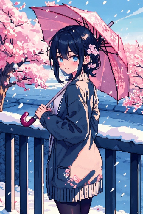 1girl,solo,medium hair,(floating hair:0.3),braid,(black hair:0.8),(brown hair:0.2),blue eyes,standing,closed mouth,smile,blush,(looking back:0.7),(looking to the side:0.3),looking at viewer,outdoors,[transparent umbrella],sleeves past wrists,black cardigan,(white sailor collar:0.7),(plaid skirt:0.7),(pleated skirt:0.3),black pantyhose,holding umbrella,winter,railing,snowing,cherry blossoms,tree,branch,snow,sky,day,petals,flower,((pixelart))