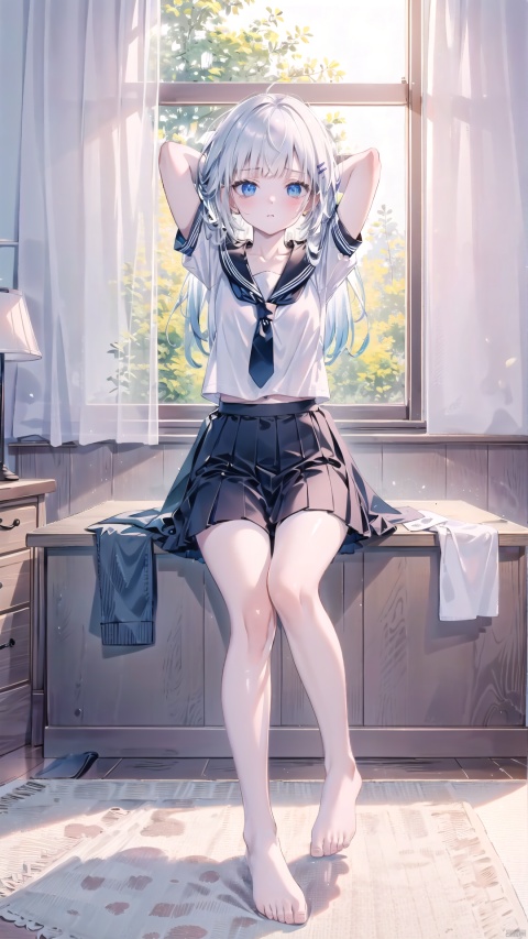  finely detail,Depth of field,(((masterpiece))),((extremely detailed CG unity 8k wallpaper)),best quality,high resolution illustration,Amazing,intricate detail,(best illumination, best shadow, an extremely delicate and beautiful),dramatic angle,
hdr,1girl,young,long_hair,silver_hair,serafuku,white_shirt,arms_up,small_breasts,short_sleeves,solo,hands in hair,Sitting on the carpet,necktie,bare legs,barefoot,clavicle,
noon,Modernist style architecture,window,White curtains,bedroom,white carpet,ipad,sole