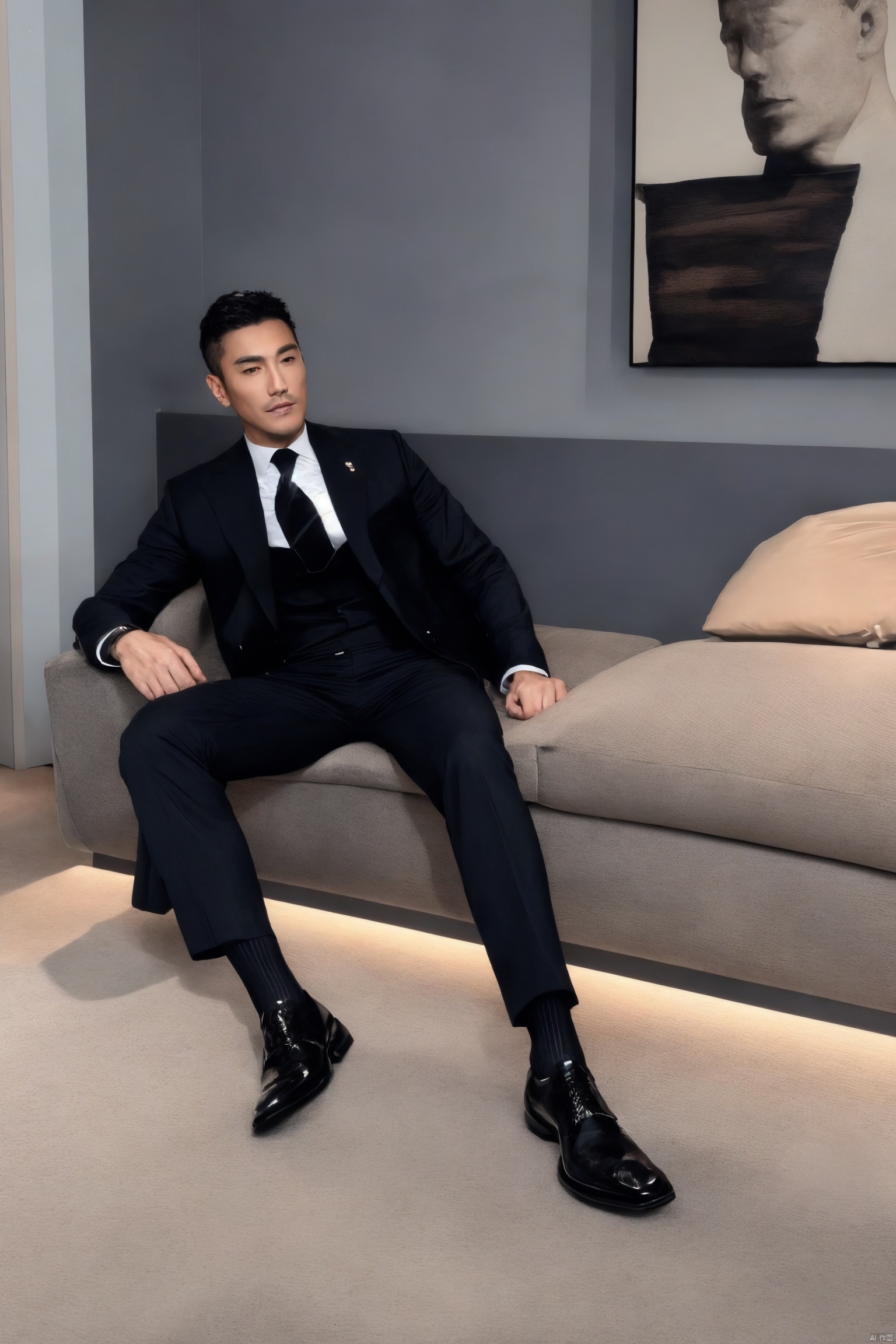  1man,masterpiece, realistic, best quality, highly detailed, Ultra High Resolution,profession,male focus,asian,Confident Dressing,exquisite facial features,handsome,deep eyes,muscular,formal suit,shirt,necktie,pants,sheer socks,footwear,Tailored Fit,Quality Fabrics,graceful yet melancholic posture,leaning,soft lighting,full shot,dutch angle,from_side,medium_shot,jzns, jzns