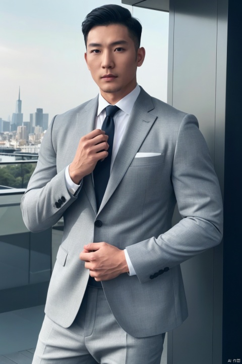 1man,business_suit,(masterpiece, realistic, Realism, best quality, highly detailed, 8K Ultra HD, sharp focus, profession),asian,exquisite facial features,deep eyes,handsome,male focus,muscular,full body,outdoors,soft lighting,Dynamic pose,