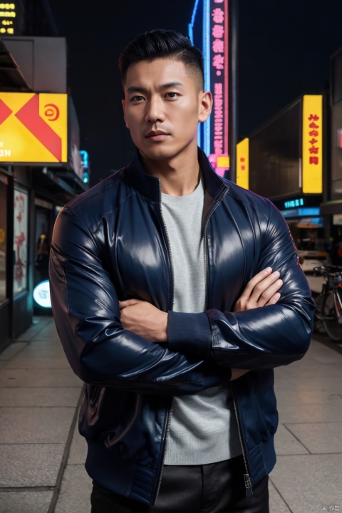 1man,Asian,solo,male focus,exquisite facial features,handsome,charming,muscular,jacket,arm crossed,outdoors,city,dark,(masterpiece,realistic,best quality,highly detailed,highres,colorful,cyberpunk),jzns,brxu