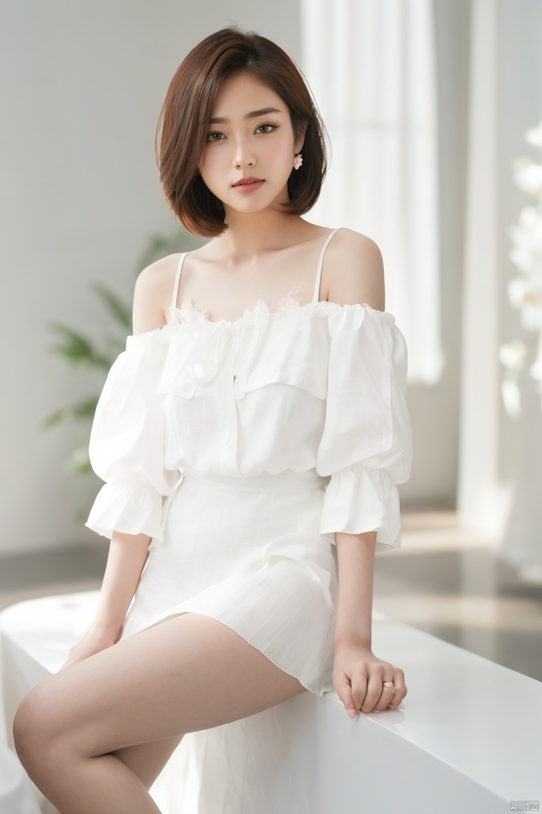  1girl,asian,solo,pretty,charming,exquisite facial features,sideways, with long black hair, fancy hairpins, sitting position, enjoying expression, wearing a shoulder length light gauze skirt, white skirt, transparent light gauze, pure white skin, surrounding petals, petal decoration background, lips, hair flowers, blurred background in the distance, depth of field scene, best proportion, best quality, 8k - HD, high-resolution,plns,plsw,laxu