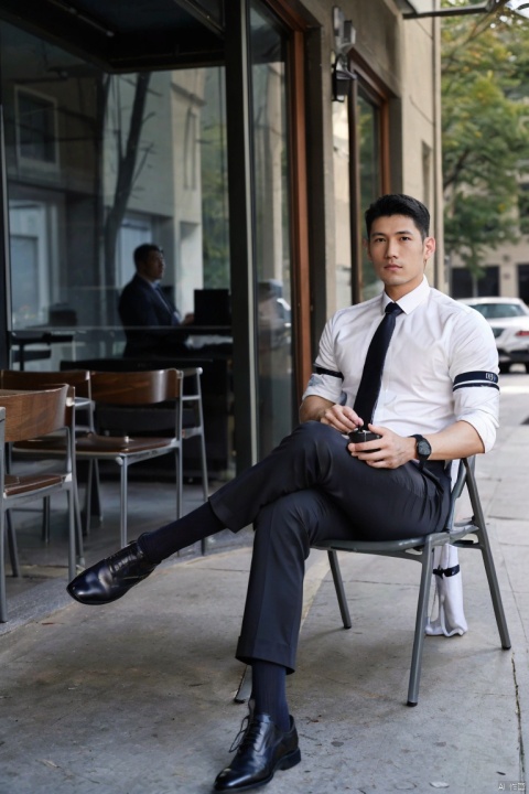  jzns, zuk,1man,male focus,asian,exquisite facial features,handsome,shirt,armband,necktie,pants,(navy sheer socks),footwear,sitting,crossed legs,Volumetric lighting,blurry,full shot,outdoors,cafe,masterpiece, realistic, best quality, highly detailed, Ultra High Resolution,profession,flm