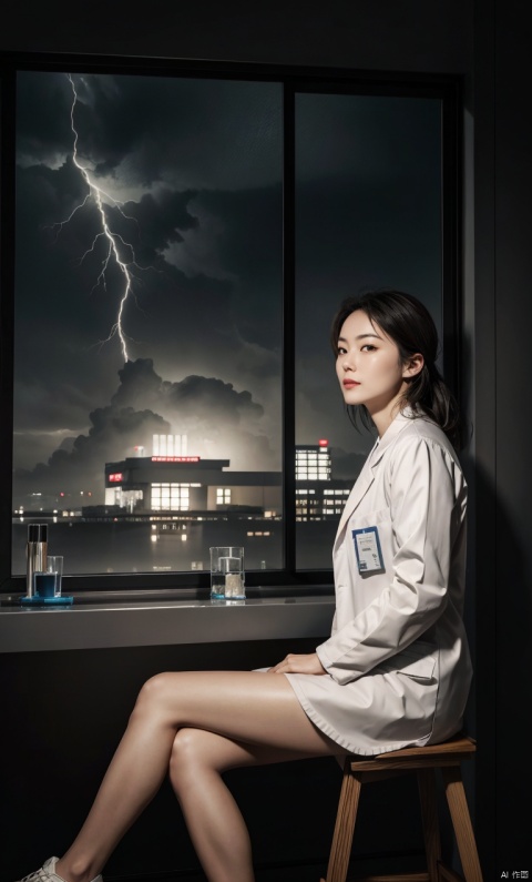 (RAW photo, best quality),(realistic, photo-Realistic:1.1),best quality,extremeow angle,masterpiece,beautiful and aesthetic,16K,(HDR:1.2),closeup,focus on leg,A Japanese girl in a lab coat and shorts,sitting on a high stool with her legs crossed,holding a smoking beaker in her hand,close-up shot from a low angle,detailed skin,realistic,in a bio lab,behind a large glass window,a huge monster's eye is looking in,the glass is full of raindrops and fog,transparent,thunder,high contrast,heavy rain,night,blackout,lightning, plns