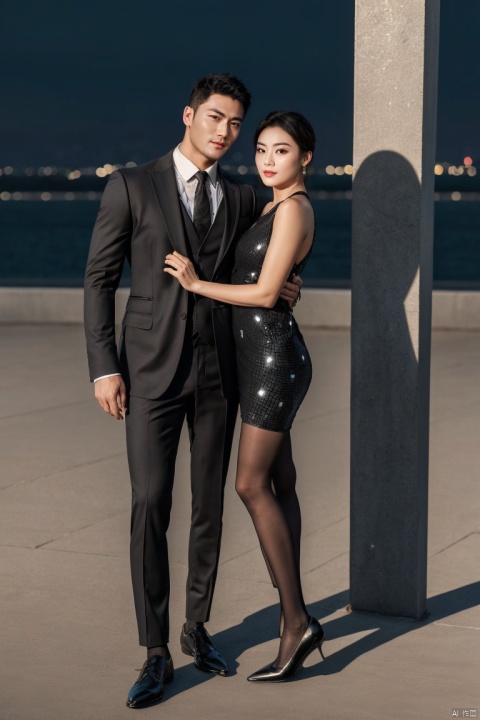 jzns,plns, 👫,a Handsome man and a sexy woman hugging together,standing,Asian,exquisite facial features,(muscular man wearing formal suit,formal sheer socks,footwear), (slim woman wearing black Mosaic dress which sways with the wind,black print pantyhose), face to face, affectionate, charming eyes,simple background, graceful yet melancholic posture, Volumetric lighting,full shot,Ultra High Resolution,profession,High-end fashion photoshoot,(masterpiece, realistic, best quality, highly detailed),