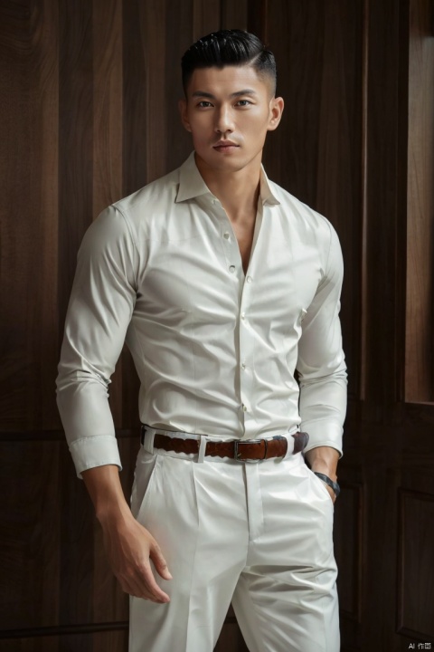 1man,solo,fashion model,male focus,asian,exquisite facial features,handsome,muscular,white shirt,armband,white slim fit leather pants,belt,bulge,standing,(masterpiece, realistic, best quality, highly detailed,profession),jzns,brxu