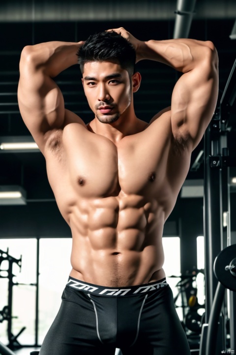  1man,(masterpiece,Ultra-realistic,best quality, highly detailed),asian,exquisite facial features,muscular,handsome,chest hair,leggings,In the gym,trainning,High-end fashion photoshoot,jzns,gx3, zjh