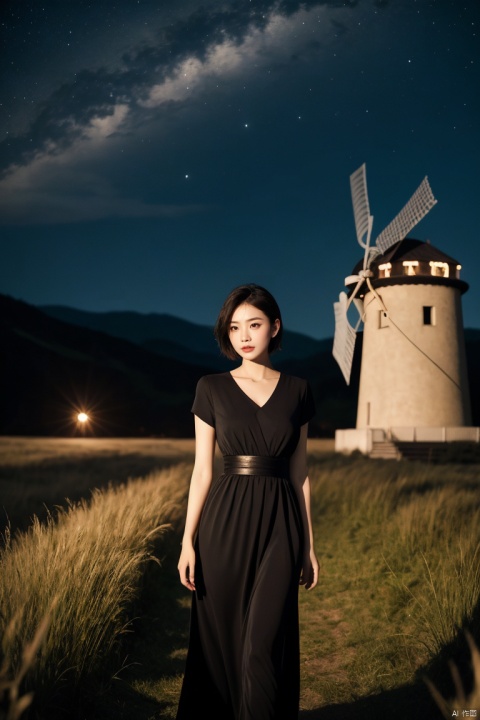  1girl, exquisite facial,pretty,charming,asian,solo, scenery, (sky:1.1), star, outdoors, starry sky, night, tree, blurry foreground, night sky, grass, blurry, cloud, plant, butterfly, depth of field, fantasy, flower,windmill, dress, nature, short sleeves, v arms, black sky, forest, short hair, grasslands, plns,plsw,karry,yujie