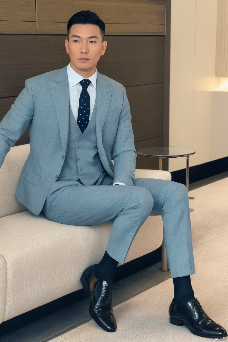 1man,(masterpiece, realistic, best quality, highly detailed),male focus,asian,exquisite facial features,handsome,eye-catching,confident,muscular,formal suit,dress pants,(sheer socks),footwear, (fashion-forward wardrobe),graceful posture,Volumetric lighting,full shot,dutch angle,Ultra High Resolution,profession,High-end fashion photoshoot,jzns , jzns