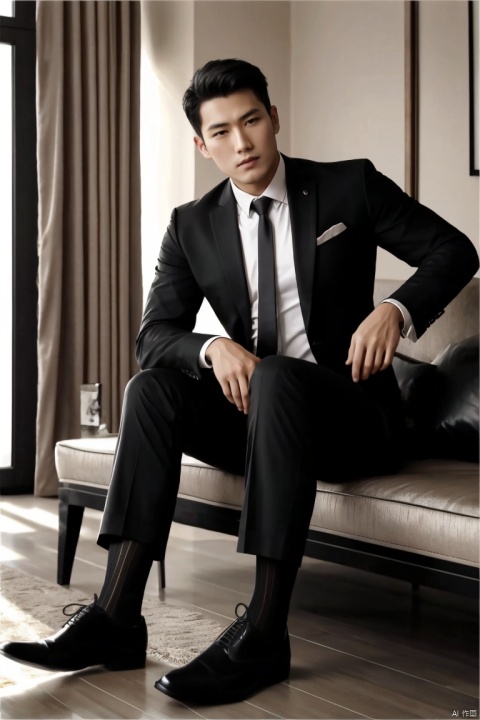  jzns,1man,male focus,asian,exquisite facial features,handsome,formal suit,necktie,pants,(black sheer socks:1.2),footwear,sitting,crossed legs,Volumetric lighting,blurry,full shot,masterpiece, realistic, best quality, highly detailed, Ultra High Resolution,profession, jznssw,br,