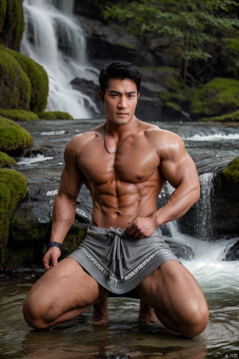  1man,asian,exquisite facial features,charming eyes,handsome,male focus,(in horse-face skirt),abdominal muscle,muscle,holding a sword,pectorales,kneeling,waterfall background,(tied with rope),full body,Natural light,Grey Film filter,(Canon RF 85mm f/1.2),Dynamic angle,(masterpiece, realistic, Realism, best quality, highly detailed, 8K Ultra HD, sharp focus, profession), jzns,chg