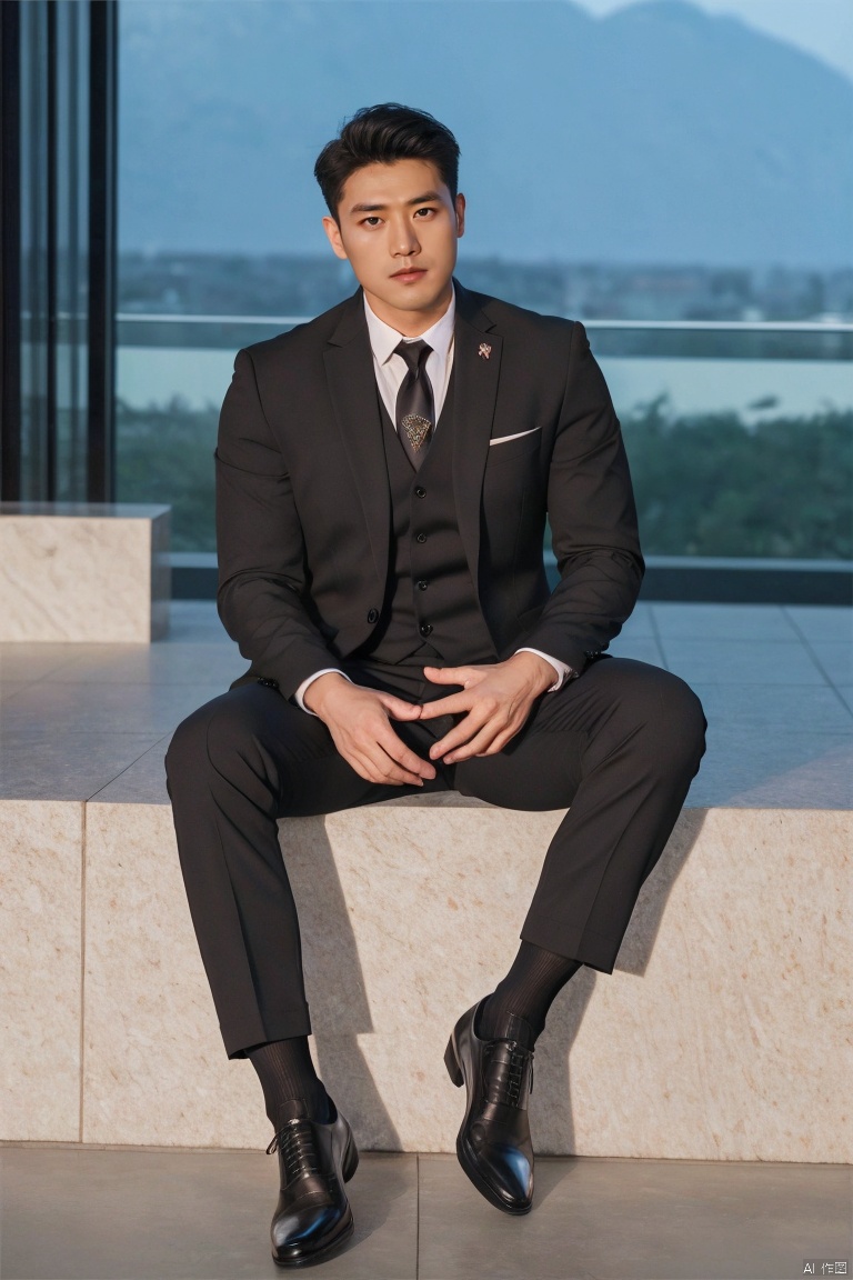  jzns,1man,male focus,asian,exquisite facial features,handsome,formal suit,necktie,pants,(sheer socks),footwear,sitting,Volumetric lighting,blurry,full shot,masterpiece, realistic, best quality, highly detailed, Ultra High Resolution,profession, zuk