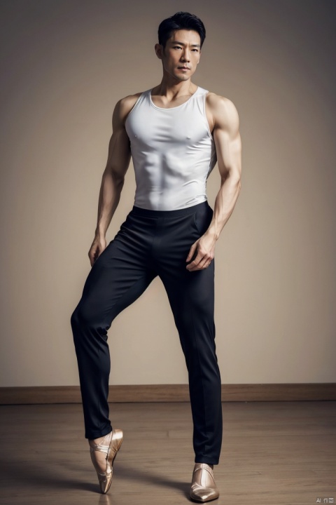 1man,Asian,solo,ballet dancer,male focus,40 y.o,exquisite facial features,handsome,muscular,ballet clothes,leotard_under_clothes,pants,masterpiece,realistic,best quality,highly detailed,blurry, jzns