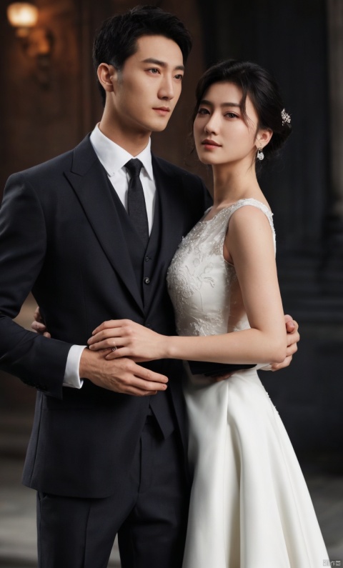 1man and 1woman,handsome,pretty,standing,Asian,exquisite facial features,affectionate,charming eyes,formal suit,dress,Volumetric lighting,High-end fashion photoshoot,masterpiece,realistic,best quality,highly detailed, jzns, plns