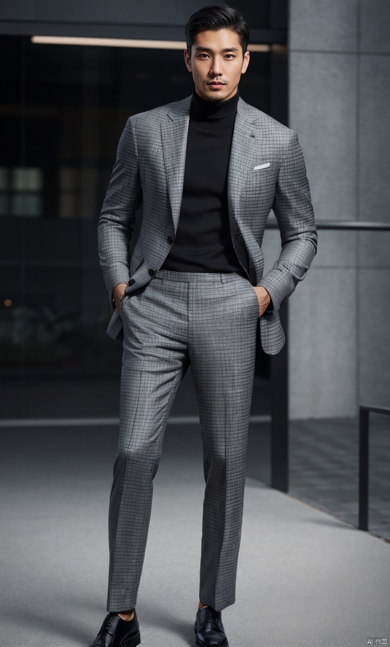  jznssuit,1man,male focus,asian,exquisite facial features,handsome,houndstooth suit, grey pants, turtleneck,Volumetric lighting,blurry,full body,outdoors,masterpiece,realistic,best quality,highly detailed,Ultra High Resolution, jzns, jznssw