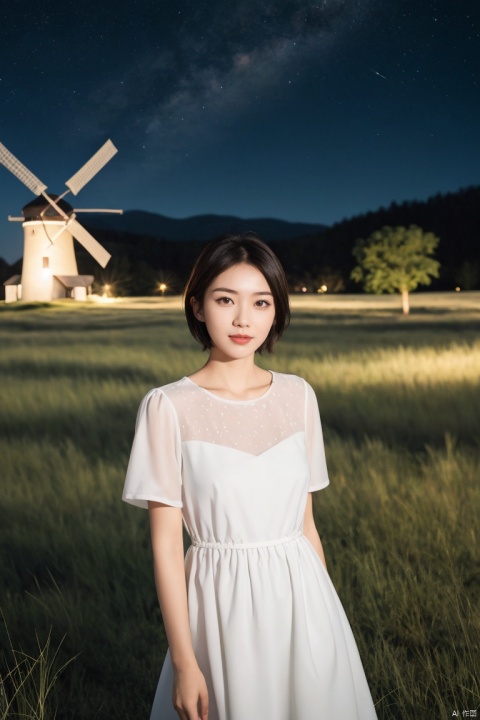  1girl, exquisite facial,pretty,charming,asian,solo, scenery, (sky:1.1), star, outdoors, starry sky, night, tree, blurry foreground, night sky, grass, blurry, cloud, plant, butterfly, depth of field, fantasy, flower,windmill, dress, nature, short sleeves, v arms, black sky, forest, short hair, grasslands, plns