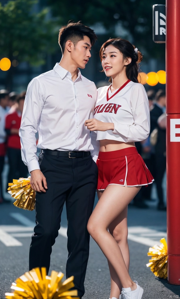 1boy and 1girl,Asian,handsome,pretty,affectionate, charming,cheerleader,outdoors,Volumetric lighting,blurry,(masterpiece, realistic, best quality, highly detailed,Ultra High Resolution),jzns,plns,pjcouple, zjh,
