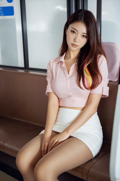  plns,1girl,exquisite facial,pretty,charming eyes,asian,white skirt,pink shirt,(nude pantyhose),pantyshot,panties under pantyhose,sitting in train,looking away,dimly lit,(masterpiece,realistic,best quality,highly detailed,highres,colorful,highres),vicky