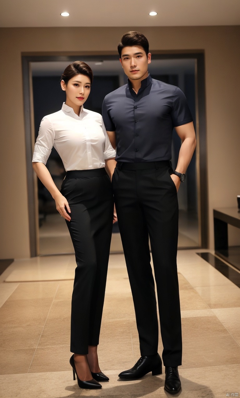  1man and 1woman,handsome,pretty,standing,Asian,exquisite facial features,affectionate,charming eyes,(shirt,armband,pants,skirt,black pantyhose,high heels),dynamic pose,Volumetric lighting,High-end fashion photoshoot,masterpiece,realistic,best quality,highly detailed, jzns, zuk,plns, ((poakl)),kongjie
