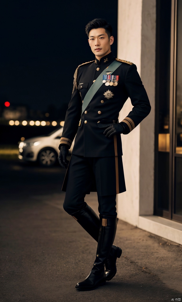  1man,asian,exquisite facial features,handsome,tall,male focus,military_uniform,(black knee_boots),gloves,armband,muscular,full body,model pose,ambient lighting,available light,blurry,masterpiece, realistic, highres,raw photo,8K HD,best quality, highly detailed,full shot,outdoors,Dynamic angle,blurry, jzns