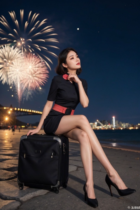  1girl,fashion model,female focus,(masterpiece, realistic, best quality, highly detailed, profession),asian,pretty,Charming eyes,exquisite facial features,pumps,black pantyhose,high heels,bangle,sitting,night,neon,beach of city,new year,full shot,cinematic composition,blurry,plns,sw, fireworks, plns,buo,kongjie