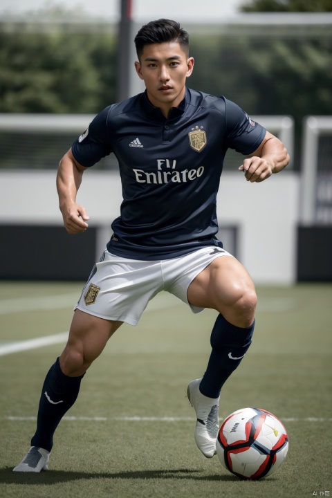  1man,(masterpiece, realistic, Realism, best quality, highly detailed, 8K Ultra HD, sharp focus, profession),asian,exquisite facial features,deep eyes,handsome,male focus,muscular,soccer clothes,soccer socks,running,Football pitch,full body,close_up,soft lighting,Dynamic angle,1man, jzns