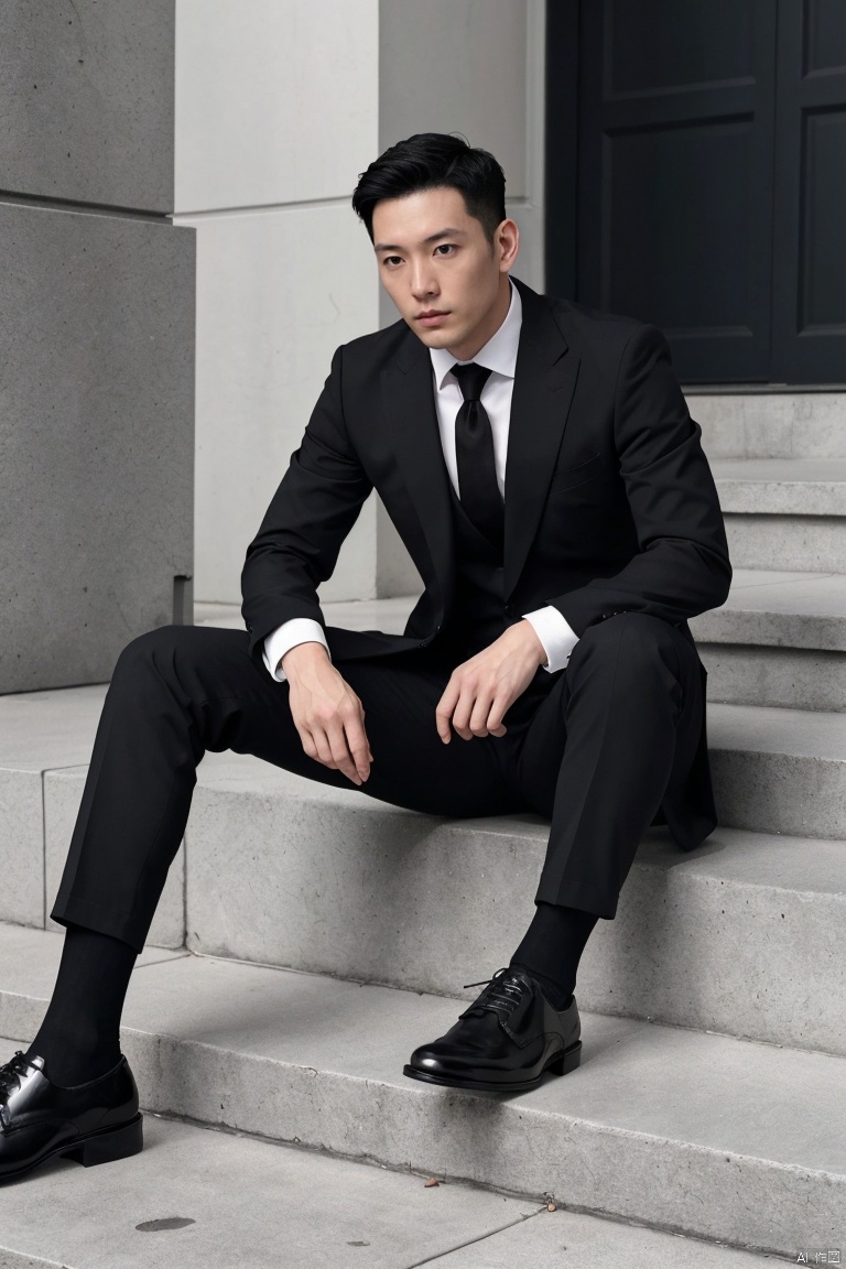  1man,male focus,asian,exquisite facial features,handsome,deep eyes,muscular,suit,pants,(black sheer socks,footwear:1.2),solitary and mysterious atmosphere,graceful yet melancholic posture,full shot,dutch angle,from_side,medium_shot,dramatic,Tyndall effect,(masterpiece, realistic, best quality, highly detailed, Ultra High Resolution, Photo Art, profession),jzns,br, jzns