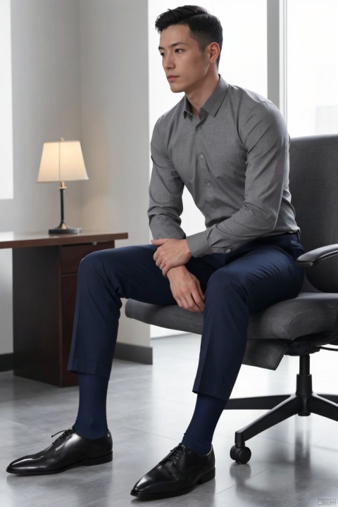 1man,solo,focus on feet,grey pants,(navy sheer socks),footwear,Tailored Fit,Quality Fabrics,graceful yet melancholic posture,couch,soft lighting,full shot,masterpiece,realistic,best quality,highly detailed,Ultra High Resolution,profession,jzns,jznssw,br