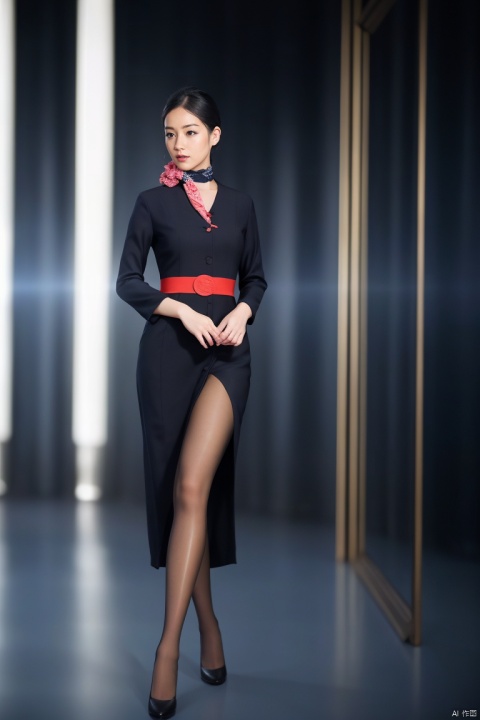  1girl,asian,solo,pretty,charming,exquisite facial features,(dh dress),(pantyhose),black hair,Silk scarves,high heels,model pose,(ambient light:1.3),(cinematic composition:1.3),Accent Lighting,Volumetric lighting,close up,blurry,(masterpiece, realistic, best quality, highly detailed, profession),plns,dhkj,