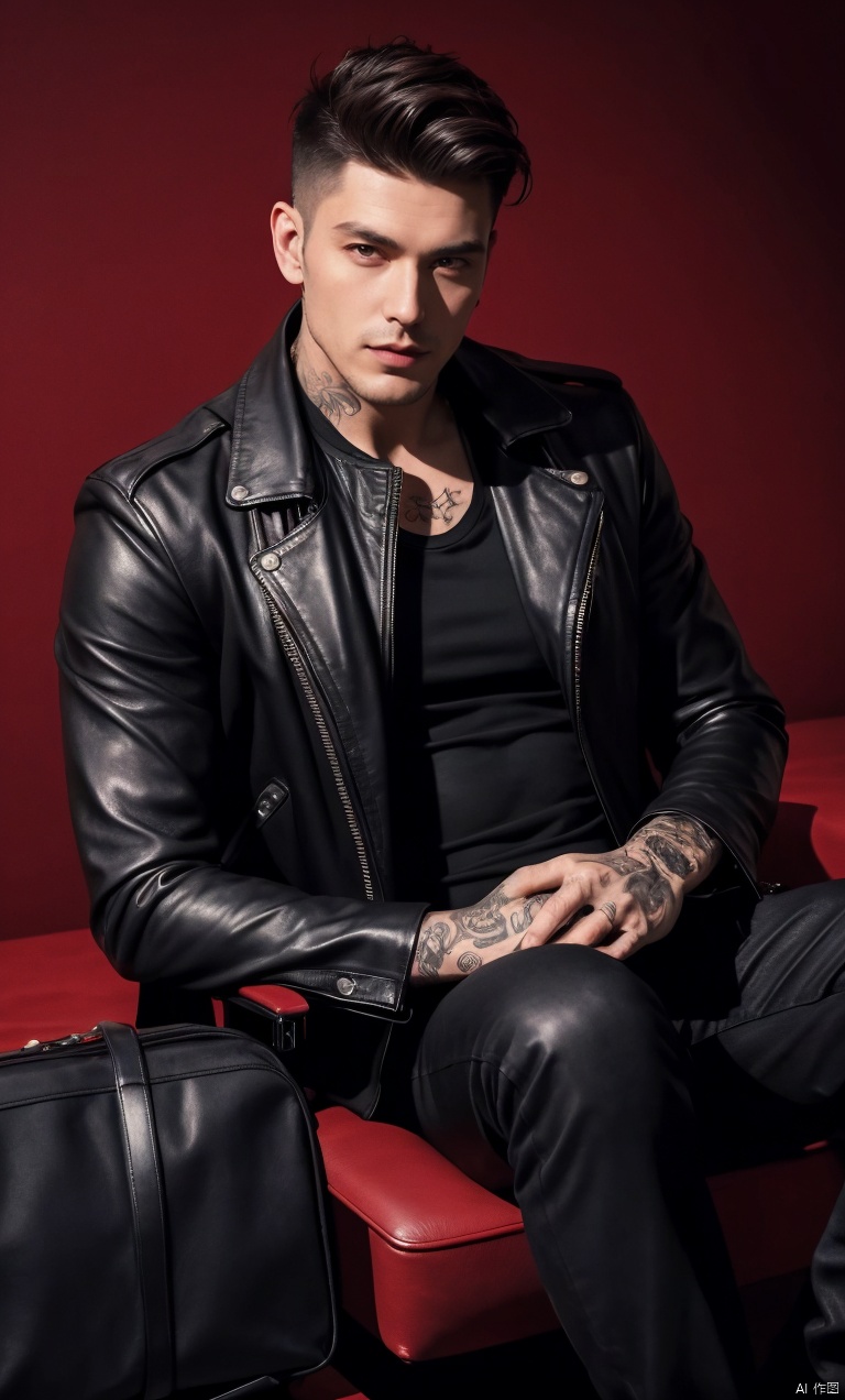 1man in his late twenties reclines with confidence against a deep red backdrop. His black attire and leather jacket exude a bad-boy aura, complemented by his slicked-back hair and an array of tattoos. A mysterious briefcase and a cigarette add to his enigmatic presence.,(masterpiece, realistic, best quality, highly detailed:1.2),(photorealistic:1.3),full shot,High-end fashion photoshoot,outdoors,Dynamic angle, jzns