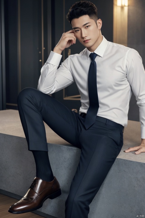 jzns,1man,masterpiece,realistic,best quality,highly detailed,Ultra High Resolution,profession,male focus,asian,exquisite facial features,handsome,shirt,necktie,pants,sheer socks,footwear,sitting,Volumetric lighting,blurry,full shot,jzns 