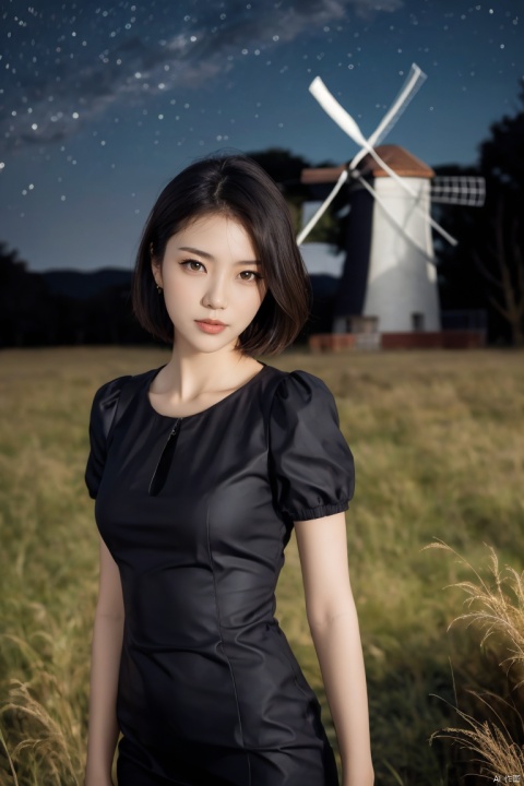  1girl, exquisite facial,pretty,charming,asian,solo, scenery, (sky:1.1), star, outdoors, starry sky, night, tree, blurry foreground, night sky, grass, blurry, cloud, plant, butterfly, depth of field, fantasy, flower,windmill, dress, nature, short sleeves, v arms, black sky, forest, short hair, grasslands, plns,plsw