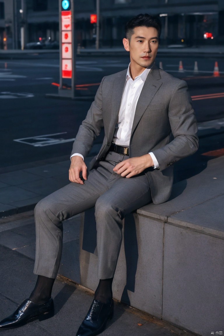  1man,fashion model,male focus,(masterpiece, realistic, best quality, highly detailed,profession),asian,exquisite facial features,handsome,deep eyes,pectorales, tight  grey suit,belt,pants,black sheer socks,footwear,Business fashion,dynamic pose,in city,night lighting,neon,full body,blurry,jzns, Light master