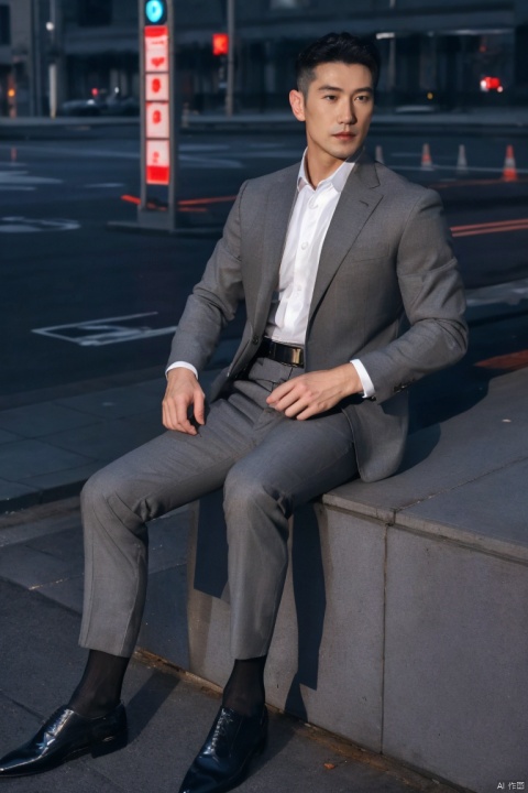  1man,fashion model,male focus,(masterpiece, realistic, best quality, highly detailed,profession),asian,exquisite facial features,handsome,deep eyes,pectorales, tight  grey suit,belt,pants,black sheer socks,footwear,Business fashion,dynamic pose,in city,night lighting,neon,full body,blurry,jzns, Light master
