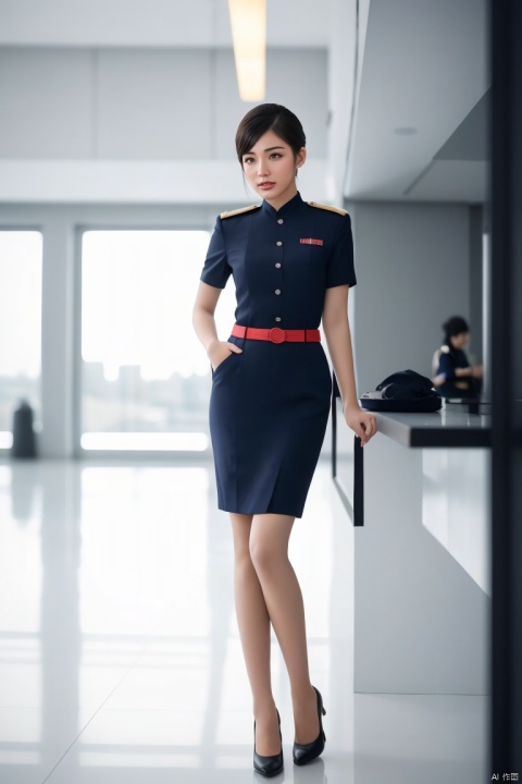  1girl,asian,solo,fashion model,female focus,pretty,Charming eyes,exquisite facial features,short hair,dh shirt,skirt,aviation uniforms,black pantyhose,high heels,standing,indoors,beautifully detailed background,(ambient light:1.3),(cinematic composition:1.3),Accent Lighting,Volumetric lighting,plns,blurry,(masterpiece, realistic, best quality, highly detailed, profession),plns,kongjie,dhkj