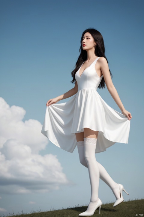  1girl,pretty,asian,Delicate features,white dress,white thighhighs,high heels,medium breasts,long legs,long hair fluttering,blue sky,White Clouds,breeze,looking away,(full shot),masterpiece,realistic,best quality,highly detailed,Ultra High Resolution,Photo Art,profession,1girl, plns, china dress,yujie