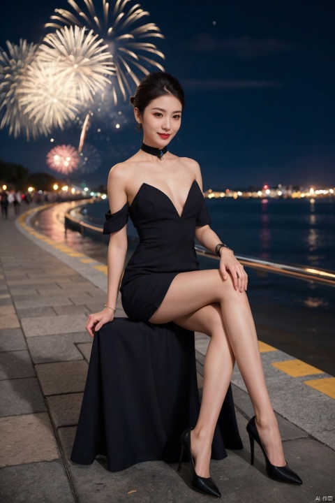  1girl,fashion model,female focus,(masterpiece, realistic, best quality, highly detailed, profession),asian,pretty,Charming eyes,exquisite facial features,pumps,black pantyhose,high heels,bangle,sitting,night,neon,beach of city,new year,full shot,cinematic composition,blurry,plns,sw, fireworks, plns,buo,kongjie