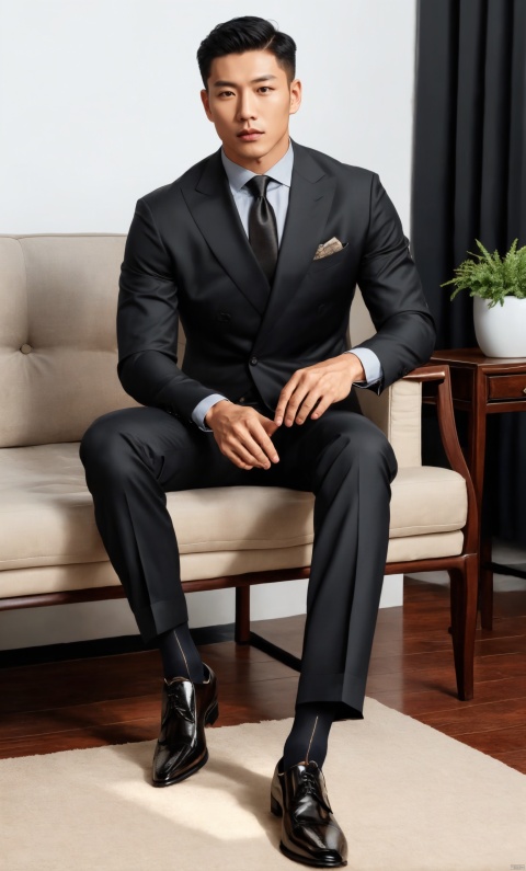  1man,Asian,solo,male focus,exquisite facial features,handsome,charming,muscular,suit,pants,(black sheer socks),footwear,crossed legs,masterpiece,realistic,best quality,highly detailed, jzns, jznssw