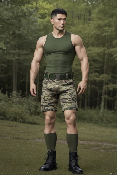  Best quality, masterpiece, ultra-high resolution, detailed background, game_cg, military camp, a man, Asian, 35 years old, muscular, green tight sleeveless top, chest hair, green camouflage military hot shorts, black combat boots, knee socks,Dog Tag,standing, full shot, looking at me,jzns, jzns, zjh