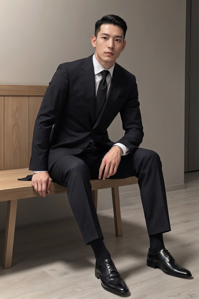  1man,male focus,asian,exquisite facial features,handsome,deep eyes,muscular,suit,pants,(black sheer socks),footwear,solitary and mysterious atmosphere,graceful yet melancholic posture,sitting,full shot,dutch angle,from_side,medium_shot,moody lighting,(masterpiece, realistic, best quality, highly detailed, Ultra High Resolution, Photo Art, profession),jzns,br,Beyondv4-neg,NegfeetV2