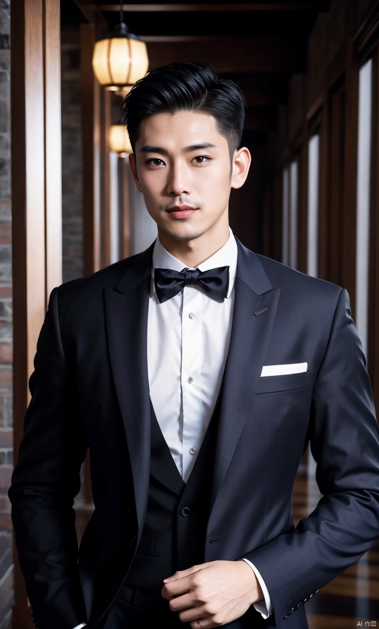  1man,handsome,exquisite facial features,solo,asian,charming,black formal,bowtie,pants,Volumetric lighting,blurry,in a hall,full shot,masterpiece,realistic,best quality,highly detailed,Ultra High Resolution, jzns, jznszz, jznssuit