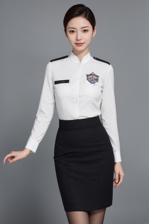 plns,kongjie,1girl,aviation uniforms,asian,pretty,Charming,exquisite facial features,short hair,pencil skirt,black pantyhose,high heels,standing,simple_background,full shot,blurry,(masterpiece, realistic, best quality, highly detailed, profession),