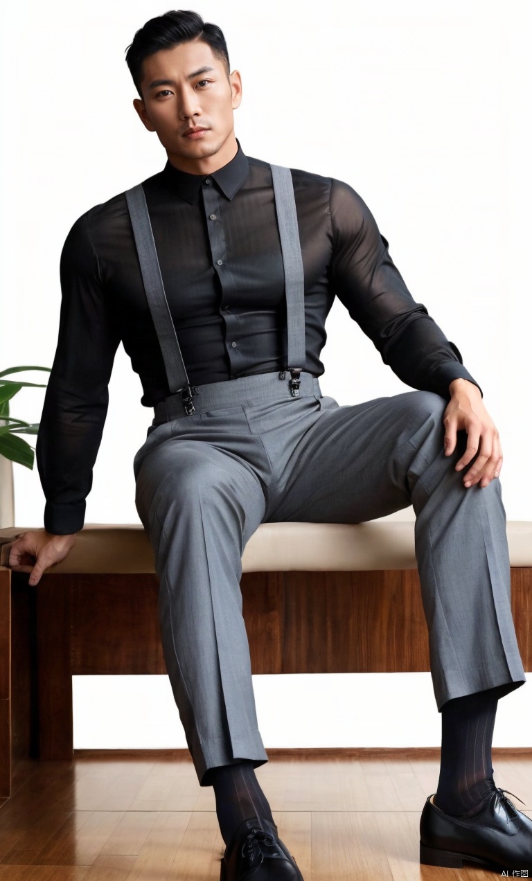  1man,Asian,solo,male focus,exquisite facial features,handsome,charming,muscular,black shirt,Suspenders,pants,(kneehigh sheer socks),footwear,sitting,masterpiece,realistic,best quality,highly detailed, jzns, jznssw,