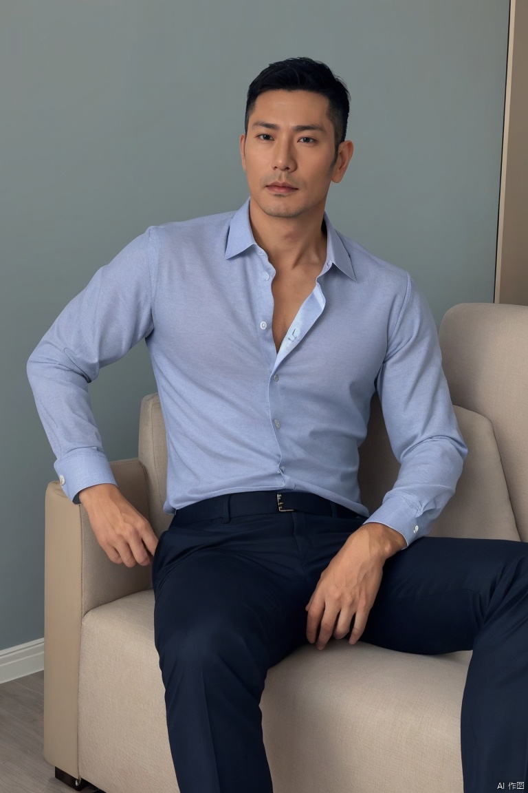  jzns,1man,male focus,asian,45y.o,exquisite facial features,handsome,fashion forward,unbuttoned see-through shirt,tight pants,pectoralis,sitting,hand on crotch,masterpiece, realistic, best quality, highly detailed,hbing,br