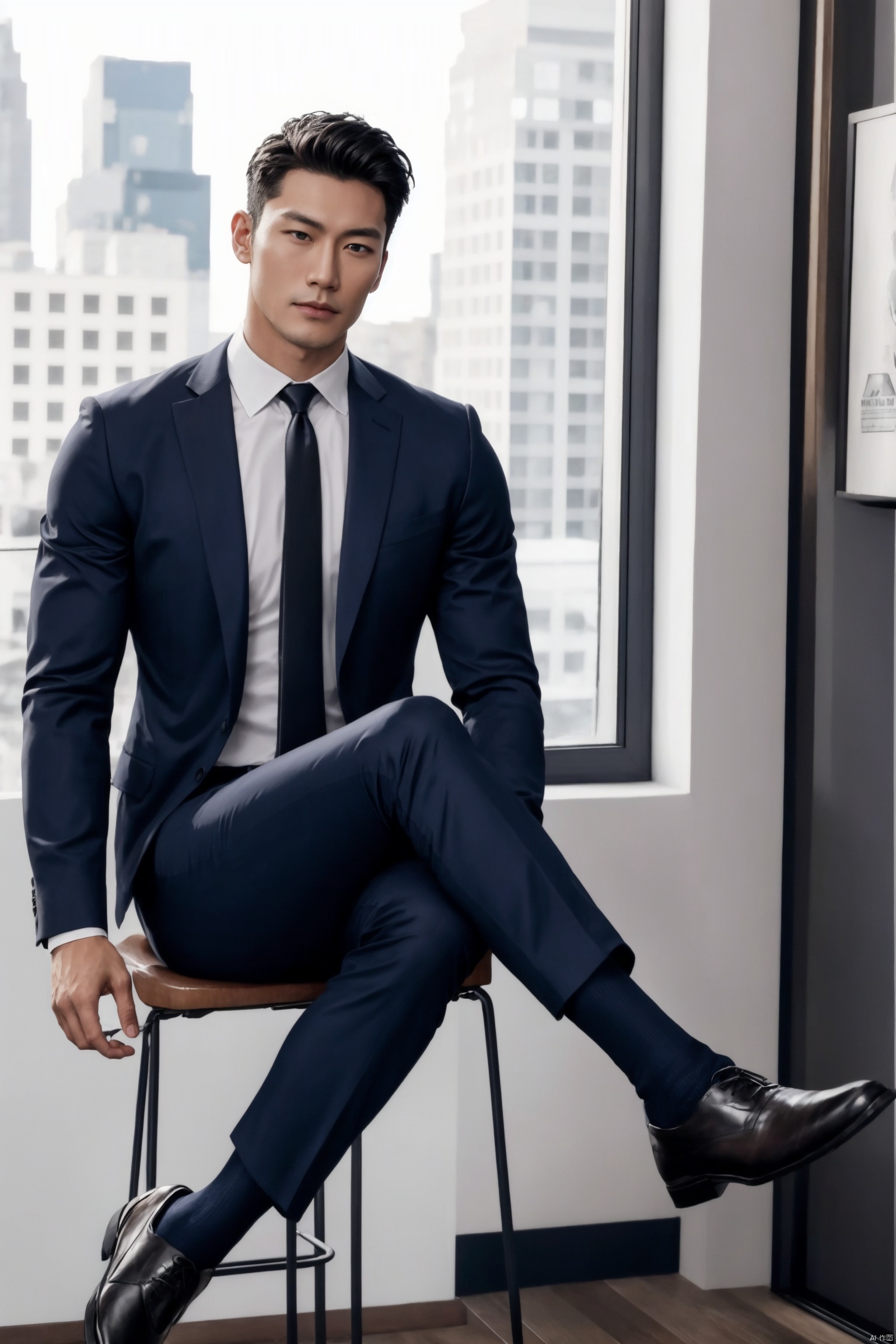  1man,Asian,solo,male focus,exquisite facial features,handsome,muscular,exquisite facial features,handsome,deep eyes,muscular,formal suit,shirt,necktie,pants,navy sheer socks,footwear,sitting,graceful yet melancholic posture,full shot,masterpiece,realistic,best quality,highly detailed,blurry, jzns, jznssw