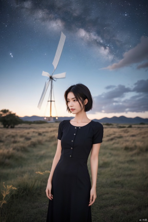  1girl, exquisite facial,pretty,charming,asian,solo, scenery, (sky:1.1), star, outdoors, starry sky, night, tree, blurry foreground, night sky, grass, blurry, cloud, plant, butterfly, depth of field, fantasy, flower,windmill, dress, nature, short sleeves, v arms, black sky, forest, short hair, grasslands, plns,plsw,karry